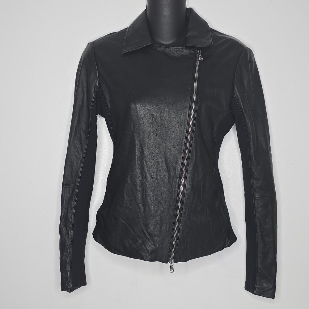 Emporio Armani Women’s Black 100% Lamb Leather Jacket Lambskin Jersey Biker Moto